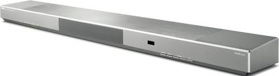 Yamaha YSP-1600 srebrna listwa dźwiękowa, widok z przodu, wydłużony kształt prostokątny, metalowa osłona na przednim panelu