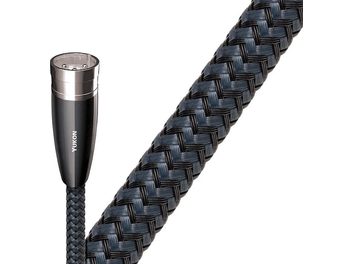 Audioquest Yukon 0.5m analog XLR audio cable, black braided jacket, silver XLR connector, close-up view of one end