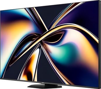 Hisense 85U8Q televisie, groot plat scherm, dun zwart metalen frame, centrale zwarte voet, drie-kwart zijaanzicht