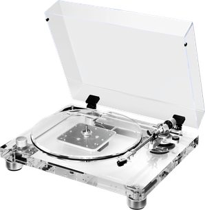 Audio Technica AT-LP2022 gennemsigtig pladespiller, set ovenfra i 45° vinkel, låget åbent, tonearmen synlig