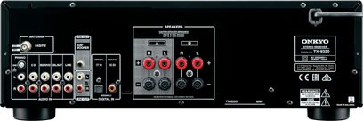 Integrierter Hi-Fi-Stereo-Verstärker Onkyo TX-8220, Rückansicht, RCA-Audioanschlüsse, Lautsprecherklemmen, optische und koaxiale Eingänge