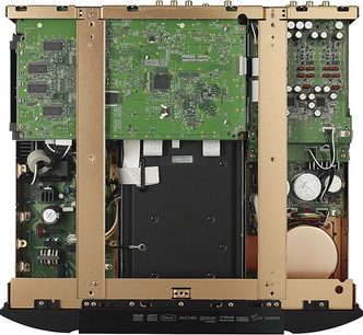 Marantz UD9004 4K Blu-ray-afspiller åben, set indefra forfra, grønne elektroniske kredsløb, metaldele