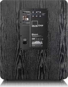 Subwoofer SVS PB-2000 Pro in nero cenere, vista frontale, finitura in frassino nero, pannello di controllo con connettori e regolazioni