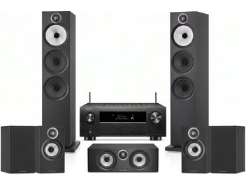 Denon namų kino komplektas su penkiomis juodomis Bowers & Wilkins kolonėlėmis: dviem grindinėmis, centrine ir lentyninėmis