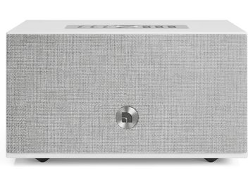 Enceinte connectée Audio Pro C5 MKII W blanche, à grille frontale texturée, logo central et commandes sur le dessus
