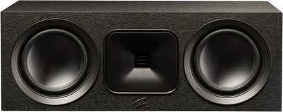 Centrální reproduktor MartinLogan Foundation C1 v matné černé barvě, pohled zepředu, 2 boční kruhové reproduktory, 1 centrální obdélníkový reproduktor