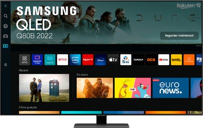 Samsung QLED Q80B 2022 TV, front view, screen on displaying a user interface with apps and programs running, slim frame