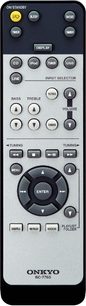 Onkyo RC-776S fjernbetjening i gråmetallic med sorte knapper og LCD-skærm, set forfra