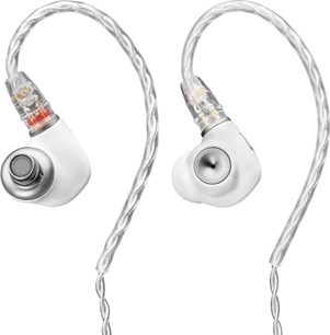 Meze Audio Alba -nappikuulokkeet, edestä katsottuna, valkoiset kuulokkeet läpinäkyvillä kierrekaapeleilla