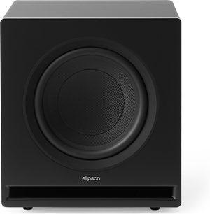 Subwoofer Elipson Premium Sub 10 v černé barvě, černý matný pevný kryt, pohled zepředu, centrální reproduktor, přední bass reflex