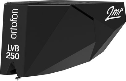 Capsule Ortofon 2MR Black LVB 250 pro vinylové desky, pohled shora, lesklé černé tělo, trojúhelníkový tvar, bílé logo "2mr"