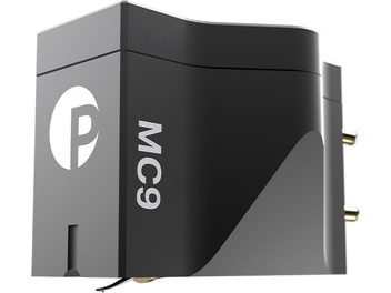Κεφαλή για πικάπ hi-fi Pick It MC9, μαύρο γωνιακό περίβλημα, λευκός κυκλικός λογότυπος, επιγραφή MC9, 2 επιχρυσωμένοι συνδετήρες