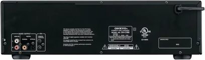 Onkyo DX-C390 CD-afspiller i høj kvalitet, sort, bagside, analoge og digitale lydforbindelser, hvide inskriptioner