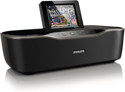 Philips NP3700 sort vækkeur, farvedisplay der viser "We Are Golden" af Mika, set forfra i let nedadgående vinkel