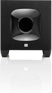 Soundbar JBL SB 400 neagră, vedere frontală, subwoofer pătrat cu difuzor circular în centru