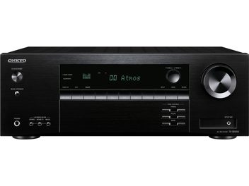 Домашній кінотеатр Onkyo TX-SR494 чорного кольору, передня панель, вигляд спереду. Чорна фасадна частина, синій дисплей, сріблясті кнопки та регулятори