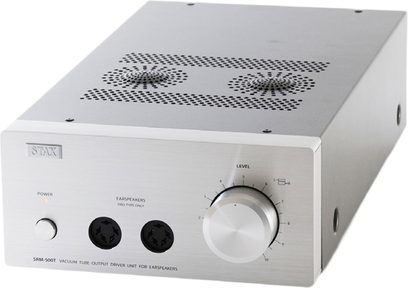 Слушалков предусилвател STAX SRM-500T, светлосиво метално шаси, преден панел с бутони и жак за слушалки, изглед отпред