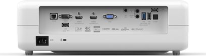 Optoma UHD52ALV videoprojektor, bagside, HDMI, VGA, USB, netværk, lyd, 4K UHD, HDR, 3D-tilslutninger