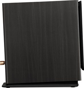Diffusore da scaffale Triangle Solstice 3 nero, vista laterale, finitura in legno scuro con base nera e pulsante ramato