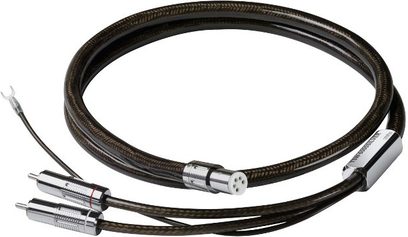 Sort Ortofon TSW-6000 sølv RCA-lydkabel, sølvbelagte stik, flettet kappe, ovenfra set på hvid baggrund