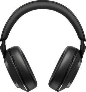 Mattschwarzer Over-Ear-Kopfhörer aus Kunststoff und Metall, Frontansicht, gebogener, gepolsterter Bügel und geschlossene, glatte Ohrmuscheln mit texturierten Rändern