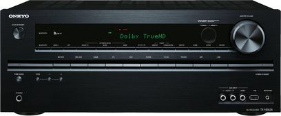 Onkyo TX-NR626 sort hjemmebiografsforstærker, frontpanel, grønt display "Dolby TrueHD", knapper, drejeknapper, porte, forfra