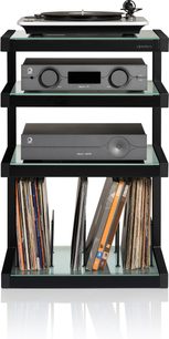 Mobile Hi-Fi Norstone Design Esse hifi vinile nero / frost, vista frontale, 4 ripiani, giradischi, amplificatori, vinili