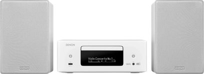Hvid Denon CEOL RCD-N12DAB hi-fi-minianlæg med to matchende højttalere set forfra