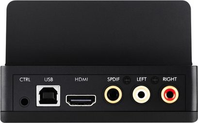 Rektangulær sort kabinet Arcam DR-Dock med USB-, HDMI-, SPDIF-stik og venstre og højre RCA-lydstik på bagsiden