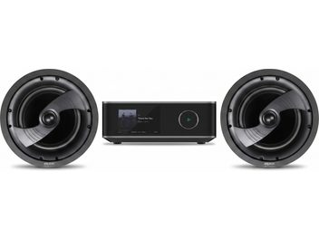 Sistema audio Elipson con amplificatore connesso nero e due diffusori da incasso rotondi neri
