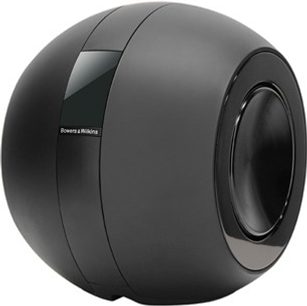 Bowers & Wilkins PV1D sort subwoofer, sfærisk form, to runde højttalere på siderne, logo på forsiden