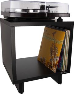 Enova HIFI Vinyle Lover sort møbel med pladespiller på den øverste hylde, vertikal opbevaring til vinylplader på højre side, blankt sort front