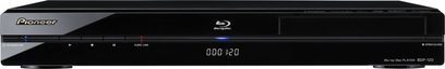 Pioneer BDP-120 sort Blu-ray-afspiller, frontvisning, blå LED-display "000 120", blank frontpanel, rund sølvfarvet knap