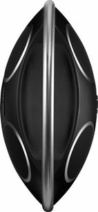 Harman Kardon Go + Play trådløs højttaler i sort, set forfra, oval form der er forlænget lodret, sort gitter, sølvfarvede striber på siderne