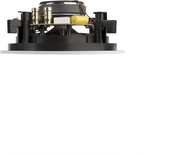 Vestavný stropní reproduktor ArtSound SMART HPRO525, pohled z profilu s bílým rámečkem a viditelným černým mechanismem