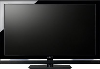 Televisor Sony KDL-32V5500 de pantalla plana negra de 32 pulgadas, visto de frente, apagado, sobre un soporte rectangular negro