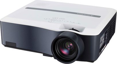 Mitsubishi XL650 hvid og sort videoprojektor, set forfra og oppefra, linsen er forskudt mod højre