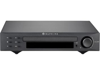 Nuprime CDP-9 zwarte cd-speler, vooraanzicht, zwarte voorkant met display, knoppen en volumeknop, USB-poort