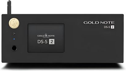 Lettore audio di rete Gold Note DS-5.2 nero, vista frontale, schermo centrale, pulsante dorato e antenna a sinistra