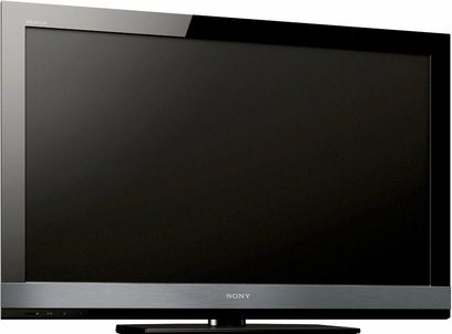 Sort Sony KDL-46EX700 fladskærms-tv set forfra, slukket, med sølvfarvet Sony-logo nederst i midten