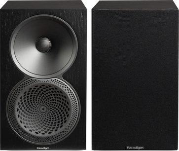 Altavoz de estantería Paradigm Premier 120B v2 negro, vista frontal con y sin rejilla de protección