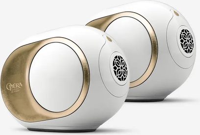 To trådløse Devialet Phantom II 98 dB Opera de Paris højttalere, hvid og guldfarvet finish, set forfra