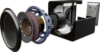 SB17-Ultra R|Evolution subwoofer i eksploderet visning, synlige interne komponenter, sort kabinet, metalstruktur