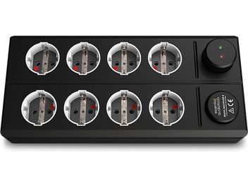 EAT Essential Audio Tools MM8 melnā kontaktligzda, 8 Schuko kontaktligzdas, 2 IEC kontaktligzdas, sarkani indikatori, taisnstūra korpuss