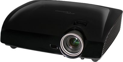 Optoma HD300X sort videoprojektor, rektangulær form, forskudt objektiv, på plan overflade, set forfra