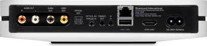 Netwerk audiospeler NODE wit 2025, achteraanzicht, audio-aansluitingen, optisch, coaxiaal, HDMI, LAN, USB, voeding