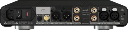 Preamplificatore phono SPL Phonos Duo argento, vista posteriore con ingressi XLR e RCA, uscite linea e alimentazione