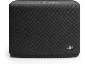 Enceinte connectée Audio Pro A15 W noire, aux angles arrondis, façade texturée et commandes sur le dessus