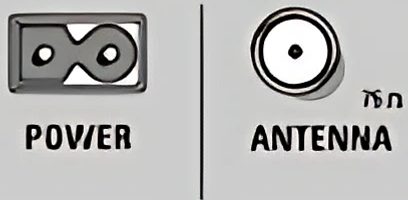To sort piktogrammer i sort og hvid: Hunstik med teksten "POWER", parabolantenne med teksten "ANTENNA"