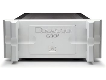 Amplificatore di potenza Bryston 28B3 argento con frontale massiccio e maniglie laterali